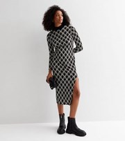 New Look Black Geometric Crinkle Jersey Long Sleeve Midi Dress